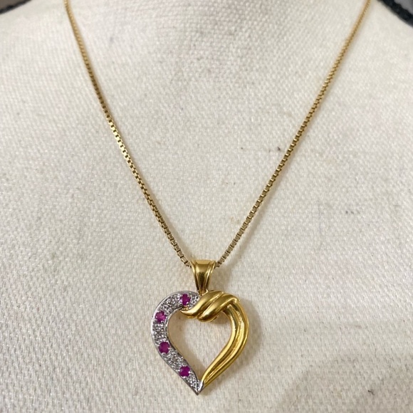 925 Heart Pendant Necklace Diamond Gold Tone - Picture 3 of 5